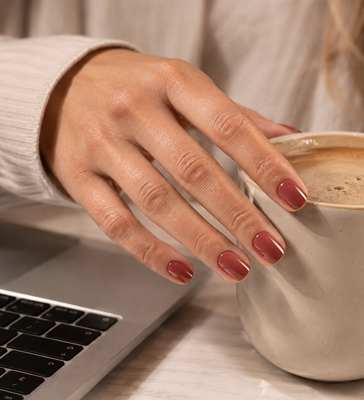 Gel Lack Maniküre im Alltag mit Kaffee und Laptop